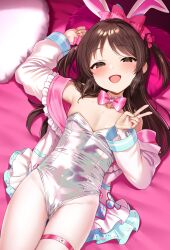 1girl absurdres animal_ears bed blush bow bowtie breasts brown_eyes brown_hair collarbone hair_bow highres idolmaster idolmaster_cinderella_girls leotard long_hair on_bed open_mouth pillow playboy_bunny rabbit_ears satou_kuuki tachibana_arisu twintails