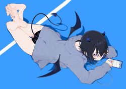 Rule 34 | 1girl, ass, bare legs, barefoot, black hair, black panties, black tail, blue background, blue horns, blue nails, blush, bright pupils, cellphone, closed mouth, demon horns, demon tail, demon wings, earbuds, earphones, feet, full body, grey jacket, hair between eyes, highres, horns, ichinose uruha, jacket, legs, long sleeves, lying, multicolored hair, nail polish, niboshidrip, no pants, on ground, on stomach, open clothes, open jacket, panties, phone, purple eyes, shadow, simple background, smartphone, soles, solo, streaked hair, tail, the pose, toenail polish, toenails, toes, underwear, virtual youtuber, vspo!, white pupils, wings