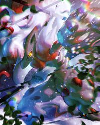 1other 8686island chromatic_aberration creatures_(company) foreshortening furry game_freak hisuian_zoroark leaf looking_at_viewer nintendo no_pupils nostrils other_focus outstretched_arm pokemon pokemon_(creature) solo standing yellow_eyes