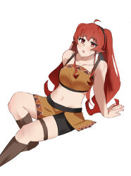 1girl alternate_costume alternate_hairstyle arm_support bike_shorts breasts eris_greyrat hair_ribbon highres large_breasts long_hair looking_at_viewer midriff mushoku_tensei navel open_mouth red_eyes red_hair ribbon sitting skirt solo tank_top tongue twintails very_long_hair