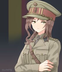 Rule 34 | 1girl, absurdres, artist name, belgian army, belgian flag, belgium, breast pocket, brown hair, brown jacket, brown necktie, brown shirt, closed mouth, commentary, crossed arms, flag background, hat, highres, jacket, leochan1202, long hair, long sleeves, military, military rank insignia, military uniform, necktie, original, peaked cap, pocket, shirt, soldier, solo, upper body, world war ii, yellow eyes