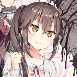 1boy 1girl :t @_@ abaddon_(sasaki_to_p-chan) absurdres bare_tree blush clenched_hand close-up closed_mouth cloud cloudy_sky collarbone hair_between_eyes head_out_of_frame highres kantoku long_hair long_sleeves otonari-san_(sasaki_to_p-chan) ponytail sasaki_to_p-chan sky smile sweat tree upper_body v-shaped_eyebrows yellow_eyes