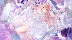 1girl absurdres bare_shoulders bird birdcage blue_eyes cage commentary commission detached_sleeves dove dress dutch_angle english_commentary flower hair_between_eyes hair_bun hairband hands_up heterochromia high_heels highres indie_virtual_youtuber isari_sensei kneeling long_hair long_sleeves mirror own_hands_together pink_flower pink_hair red_eyes see-through_clothes see-through_footwear single_thighhigh sleeveless sleeveless_dress solo thighhighs very_long_hair white_dress white_hairband white_sleeves white_thighhighs
