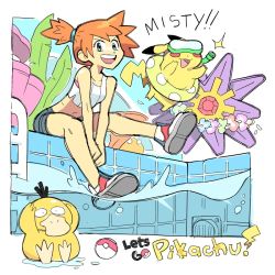 1girl adapted_costume asymmetrical_hair bare_legs blue_eyes blush breasts denim denim_shorts drnoodlemage gen_1_pokemon gym_leader legs misty_(pokemon) nintendo one_eye_closed orange_hair partially_underwater_shot pikachu pokemon pokemon_lgpe ponytail psyduck shirt short_hair short_shorts shorts side_ponytail smile starmie underwater water white_shirt