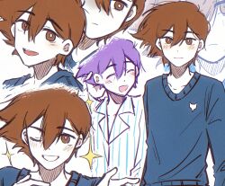 Rule 34 | 2boys, bailan1130, blue sweater, bright pupils, brown eyes, brown hair, closed eyes, closed mouth, collarbone, dual persona, hero (faraway) (omori), hero (headspace) (omori), hero (omori), highres, long sleeves, looking at viewer, male focus, multiple boys, omori, open mouth, pajamas, purple hair, short hair, sweater, teeth, upper teeth only, white pupils