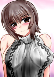 1girl blush breasts brown_eyes brown_hair girls_und_panzer large_breasts looking_at_viewer nishizumi_maho sleeveless sleeveless_sweater solo sweater te2