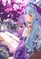 1girl absurdres apron ashiyu barefoot bell blue_hair blush detached_sleeves frilled_hairband frills genshin_impact hairband hand_fan highres holding holding_fan japanese_clothes kimono light_smile long_hair looking_at_viewer maid neck_bell nihongami obi_bow pink_eyes pink_kimono pink_pupils pink_sleeves pointy_ears purple_eyes purple_tail sash skirt sleeve_bow sleeveless sleeveless_kimono soaking_feet solo tail tapir_tail thighs wa_maid watatai wet white_sash yumemizuki_mizuki