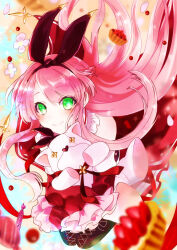Rule 34 | 1girl, arcaea, bare shoulders, black boots, black hairband, black ribbon, blush, boots, braid, candy, closed mouth, detached sleeves, floating hair, flower, food, frilled sleeves, frills, green eyes, hair ribbon, hairband, half up braid, holding, holding stuffed toy, kou (arcaea), lace-up boots, long hair, looking at viewer, nakoudon, pink hair, red sleeves, ribbon, sleeves past fingers, sleeves past wrists, smile, solo, stuffed animal, stuffed toy, thigh boots, very long sleeves