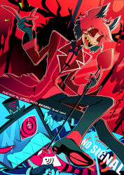 2boys alastor_(hazbin_hotel) animal_ears antlers black_bow black_bowtie black_eyeshadow black_footwear black_pants black_skin blue_coat bow bowtie cane coat colored_sclera colored_skin colored_teeth crossed_legs deer_antlers deer_ears eyeshadow furrowed_brow hat hazbin_hotel highres holding holding_cane horns makeup male_focus meiji_ken mini_hat monocle multiple_boys object_head one_eye_closed open_clothes open_coat pale_skin pants red_bow red_bowtie red_coat red_eyes red_eyeshadow red_sclera red_shirt sharp_teeth shirt snapping_fingers split_theme striped_coat teeth twitter_username vox_(hazbin_hotel) wi-fi_symbol x yellow_teeth