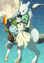 1girl absurdres amber_(pokemon) blue_eyes blue_hair bulbasaur bulbasaurtwo character_request charmander charmandertwo commentary_request dress fangs fire flame-tipped_tail floating full_moon gen_1_pokemon happy_tears highres legendary_pokemon long_hair long_sleeves mewtwo miyabi_(miyabeeya) moon nintendo one_eye_closed pokemon pokemon:_the_first_movie_-_mewtwo_strikes_back pokemon_(anime) pokemon_(classic_anime) pokemon_(creature) sky slippers smile squirtle squirtletwo starter_pokemon_trio tail tears yellow_dress