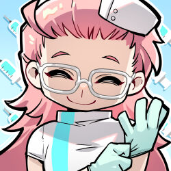 1boy adjusting_clothes adjusting_gloves artist_request chibi chibi_only chinese_commentary closed_eyes girls&#039;_frontline girls&#039;_frontline_neural_cloud glasses gloves hat latex latex_gloves nurse_cap official_art pink_hair salmon_(neural_cloud) second-party_source shaded_face smile solo