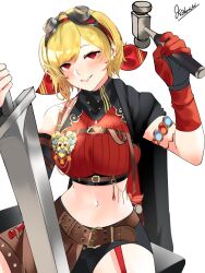 1girl belt black_coat blonde_hair coat earrings gloves goggles goggles_on_head hairband hammer highres holding holding_hammer holding_sword holding_weapon hololive hololive_indonesia jewelry kaburagon kaela_kovalskia kaela_kovalskia_(4th_costume) looking_at_viewer midriff navel open_clothes open_coat red_eyes red_gloves red_shirt scarf shirt signature simple_background single_bare_shoulder solo sword virtual_youtuber weapon