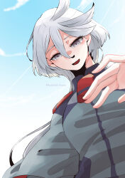 1girl absurdres asticassia_school_uniform blue_sky cloud commentary_request contrail day green_jacket grey_eyes gundam gundam_suisei_no_majo highres jacket kusattatofu long_hair miorine_rembran open_mouth outdoors school_uniform sky smile solo twitter_username white_hair