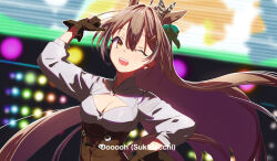1girl animal_ears breasts brown_corset brown_eyes brown_hair cleavage cleavage_cutout clothing_cutout corset dancing feather_hair_ornament feathers gloves hair_ornament highres hololive hololive_english horse_ears long_hair lyrics nanashi_mumei nanashi_mumei_(1st_costume) one_eye_closed pako_(pakosun) parody partially_fingerless_gloves ponytail umamusume umapyoi_densetsu virtual_youtuber