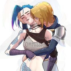 2girls absurdres arcane:_league_of_legends arcane_jinx arm_tattoo bare_shoulders blonde_hair blue_eyes blue_hair braid breasts cloud_tattoo crop_top fingerless_gloves gloves highres hug jinx_(league_of_legends) kiss league_of_legends long_hair looking_at_viewer lux_(league_of_legends) multiple_girls tattoo wlw0nderland yuri