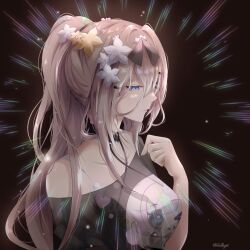 1girl aponia_(honkai_impact) black_background black_shirt blonde_hair blue_eyes breasts character_print elysia_(honkai_impact) emphasis_lines flower hair_flower hair_ornament highres honkai_(series) honkai_impact_3rd large_breasts lolbyts long_hair off-shoulder_shirt off_shoulder ponytail prototype_design shirt solo twitter_username upper_body