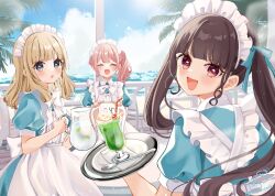 3girls :d ^_^ apron bendy_straw blue_bow blue_dress blue_sky bow brown_hair chair cherry closed_eyes cloud commentary_request day dress drinking_straw food frilled_apron frills fruit hair_bow highres holding holding_tray long_hair long_sleeves maid maid_apron maid_headdress melon_soda multiple_girls on_chair open_mouth original parted_lips pink_hair pitcher_(container) puffy_long_sleeves puffy_sleeves red_eyes rino_cnc side_ponytail sitting sky smile table tray twintails twitter_username very_long_hair waitress water white_apron