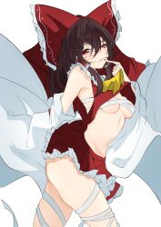 Rule 34 | 1girl, absurdres, ascot, blush, bow, breasts, brown hair, detached sleeves, frilled bow, frilled hair tubes, frills, gohei, hair bow, hair tubes, hakurei reimu, highres, long hair, looking at viewer, navel, red bow, red skirt, simple background, skirt, skirt set, small breasts, solo, touhou, unanooo (fthx7532), white background, white bow, wide sleeves, yellow ascot