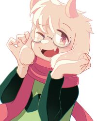 1boy arms_up commentary deltarune english_commentary fangs glasses goat_boy highres horns male_focus open_mouth oru_(0ruru_0ru95) pink_scarf ralsei scarf simple_background smile solo white_background white_fur