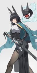 Rule 34 | 1girl, absurdres, animal ear fluff, animal ears, black gloves, black hair, black necktie, black pantyhose, blunt bangs, commentary, cowboy shot, dress, fingerless gloves, fox ears, fox girl, from side, gauntlets, gloves, green jacket, grey background, highres, holding, holding sword, holding weapon, hoshimi miyabi, jacket, long hair, looking at viewer, md5 mismatch, mou5 ji3mei6, necktie, pantyhose, parted lips, red eyes, resolution mismatch, revision, shirt, sidelocks, simple background, single fingerless glove, solo, source smaller, sword, tailless (zenless zone zero), weapon, white shirt, zenless zone zero