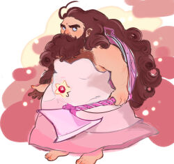 1boy ahoge axe bara beard beard_over_mouth brown_hair cosplay dress dungeon_meshi dwarf facial_hair frown full_body highres holding holding_axe kiwiacidtrip long_beard male_focus mustache orange_nails pink_dress rose_quartz_universe rose_quartz_universe_(cosplay) senshi_(dungeon_meshi) sideways_glance solo steven_universe thick_chest_hair thick_eyebrows thick_mustache very_long_beard wok yume_kawaii