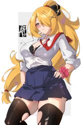 1girl absurdres alternate_costume aryi077 black_bra black_thighhighs blonde_hair blue_skirt blush bra breasts bursting_breasts cowboy_shot cynthia_(pokemon) grey_hair hair_over_one_eye high_ponytail highres large_breasts long_hair nintendo pleated_skirt pokemon pokemon_dppt ponytail shirt simple_background skindentation skirt solo thighhighs torn_clothes torn_thighhighs underwear white_background white_shirt