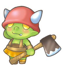 1other 2000s_(style) artist_request axe baby bad_id colored_skin fake_horns full_body green_skin helmet holding holding_axe horned_helmet horns looking_at_viewer lowres official_art orc orc_baby other_focus pointy_ears ragnarok_online simple_background solo standing tusks white_background yellow_eyes