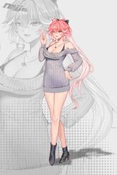1girl absurdres ahoge ankle_boots bare_legs bare_shoulders black_boots black_bow black_bra boots bow bra bra_strap braid breasts changli_(wuthering_waves) commentary dress fingernails full_body grey_sweater hair_between_eyes hair_bow hair_extensions hand_up high_heel_boots high_heels highres jewelry large_breasts legs long_hair looking_at_viewer multicolored_hair najjo necklace off-shoulder_dress off_shoulder open_mouth pink_hair ring_hair_extensions smile solo sweater sweater_dress twin_braids two-tone_hair underwear v very_long_hair white_hair wuthering_waves yellow_eyes zoom_layer