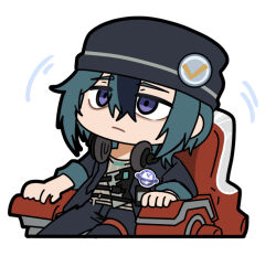 1boy artist_request black_hair black_hat black_jacket black_pants blue_eyes chibi chibi_only chinese_commentary girls&#039;_frontline girls&#039;_frontline_neural_cloud green_hair hat headphones headphones_around_neck jacket male_focus official_art pants second-party_source sitting solo yuwang_(neural_cloud)