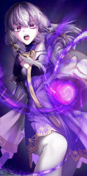 1girl a_(asan_a_aa) detached_collar dress fire_emblem fire_emblem:_three_houses floating_hair hair_between_eyes hair_ornament hashtag-only_commentary highres holding long_hair lysithea_von_ordelia lysithea_von_ordelia_(timeskip) magic nintendo open_mouth pantyhose pink_eyes purple_dress solo teeth two-tone_dress upper_teeth_only white_dress white_hair white_pantyhose