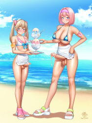 Rule 34 | 2futa, absurdres, apron, bar censor, beach, bikini, bikini top only, blonde hair, blue bikini, blue eyes, blue sky, blush, breasts, censored, cum, cum on food, daisy mitsumata, dated, day, erection, food, foreskin, futanari, grin, hairband, highres, holding, holding tray, large breasts, large penis, large testicles, long hair, looking at viewer, multiple futa, ocean, original, outdoors, penis, penis size difference, phimosis, pink hair, purple hairband, sandals, shaved ice, short hair, skindentation, sky, small breasts, smile, standing, swimsuit, testicles, tray, twintails, waist apron, water, white apron, white bikini
