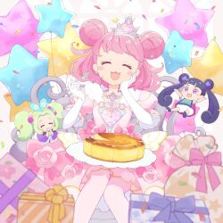 3girls :3 :d arms_up bare_arms bare_legs black_hair bloomers blue_shoes blurry blush_stickers bow box cake chibi closed_eyes confetti depth_of_field double_bun dress dress_bow dress_flower eating energy_gun facing_viewer flower food fork gem gift gift_box gloves green_hair hair_bun hand_on_own_cheek hand_on_own_face hands_up haru_(haru1bc6c4) highres holding holding_fork kiracchu_(pri_chan) kiratto_pri_chan knees_together_feet_apart long_hair medium_hair melpan_(pri_chan) multiple_girls open_mouth pantyhose parted_bangs pink_bow pink_dress pink_flower pink_gemstone pink_hair pink_pantyhose pink_rose pretty_series puffy_short_sleeves puffy_sleeves purple_dress purple_eyes rabbily_(kiratto_pri_chan) raised_eyebrows rose shoes short_sleeves sitting smile star_balloon straight-on tiara twintails underwear v-shaped_eyebrows weapon white_bloomers white_gloves white_tiara