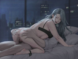 1boy 1girl anus ass ass_grab black_bra black_panties bra breasts censored city cityscape closed_eyes cowgirl_position faceless faceless_male feet girl_on_top grey_hair hetero highres indoors jeneral legs long_hair mosaic_censoring night niijima_sae on_bed open_bra open_mouth panties panties_around_leg penis persona persona_5 pussy sex sideboob spread_anus spread_pussy straddling underwear vaginal