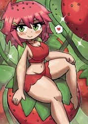 1girl absurdres barefoot blush breasts chigo_(tony_welt) choker cleavage collarbone food fruit green_background green_eyes hair_ornament hairclip hand_on_own_knee heart highres large_breasts looking_at_viewer midriff navel original oversized_food oversized_object personification pink_hair plant red_shirt red_shorts shirt short_hair shorts sitting smile sparkle speech_bubble spoken_heart strawberry tank_top thick_thighs thighs tony_welt vines wide_hips