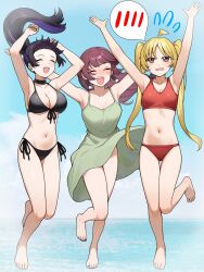 Rule 34 | 3girls, ^ ^, ahoge, arms up, barefoot, bikini, black bikini, black choker, black hair, blonde hair, blue sky, bocchi the rock!, breasts, choker, closed eyes, clothes lift, collarbone, day, detached ahoge, dress, earrings, front-tie top, green dress, highres, hiroi kikuri, ijichi nijika, jewelry, jumping, looking at viewer, multiple girls, navel, ocean, open mouth, outdoors, pa-san, ponytail, purple hair, ryuhirohumi, sharp teeth, side-tie bikini bottom, skirt, skirt lift, sky, smile, speech bubble, swimsuit, teeth, twintails, unamused