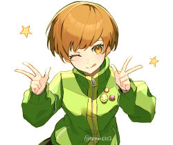 1girl ;q brown_eyes brown_hair cardigan double_w green_cardigan long_sleeves looking_at_viewer nodoka906 one_eye_closed persona persona_4 satonaka_chie short_hair simple_background solo tongue tongue_out upper_body w white_background zipper