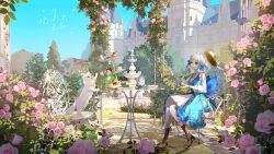 1girl accident ayaka_(genshin_impact) blue_dress blue_eyes blue_hair blue_sky book book_stack boots braid braided_hair_rings brown_boots brown_hat bush butterfly_hair_ornament cake cake_slice cat chair commentary_request cup dappled_sunlight day dress dropping european_architecture falling flower food from_side full_body genshin_impact gradient_pantyhose hair_flower hair_ornament hair_rings hair_up hand_up hat high_heel_boots high_heels highres holding holding_saucer kamisato_ayaka kamisato_ayaka_(springbloom_missive) long_sleeves looking_at_animal macaron neck_tassel official_alternate_costume official_alternate_hairstyle on_chair open_mouth outdoors pantyhose peachumi pink_flower plant puffy_long_sleeves puffy_sleeves saucer sitting sky solo sunlight table tassel teacup teapot tiered_tray vines white_cat white_pantyhose
