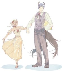 blush breasts cleavage couple dark-skinned_female dark_skin holding_hands horns looking_at_another looking_to_the_side mabinogi muiriol rian_(bdl) smile