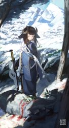 1girl animal animal_ears black_gloves blood blood_on_snow blue_headwear blue_kimono blunt_bangs boots brown_hair closed_eyes commentary_request day death eyelashes forest frills frown furisode gloves gun half-closed_eyes hand_up hat herb highres holding holding_gun holding_unworn_clothes holding_unworn_hat holding_weapon horns japanese_clothes kimono long_hair mecha_musume mourning natori_youkai nature original outdoors rifle scenery shadow shawl slit_pupils snow standing straight_hair tassel unworn_hat unworn_headwear weapon yellow_eyes