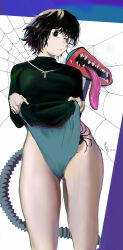 Rule 34 | absurdres, artist name, bare legs, bug, commentary, cross, cross necklace, glasses, highres, hunter x hunter, jewelry, kipnevh, monster, necklace, sharp teeth, shizuku murasaki, short hair, silk, spider, spider web, sweater, tagme, tattoo, teeth, thighs, tongue, tongue out, vacuum cleaner, vacuum tube