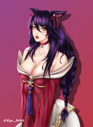 absurdres ahri_(league_of_legends) alternate_breast_size animal_ears artist_name bare_shoulders black_hair braid braided_ponytail breasts choker cleavage closed_mouth collarbone curvy dress eyelashes facial_mark fox_ears fox_girl hair_between_eyes hair_over_shoulder highres kitsune large_breasts league_of_legends light_smile lips long_bangs long_hair looking_at_viewer makeup medium_breasts nose red_choker red_dress signature simple_background sitting solo_focus thighhighs thighs twitter_username upper_body viya_artist watermark yellow_eyes