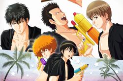 5boys absurdres afro alternate_costume anime_coloring bare_pectorals black_hair black_shirt brown_hair gintama highres hijikata_toushirou kondou_isao multiple_boys nika_a1 okita_sougo open_mouth orange_hair palm_tree pectorals shimaru_saitou shirt short_hair short_sleeves smile star_(symbol) tree water_gun yamazaki_sagaru