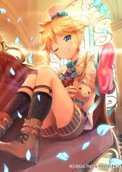 Rule 34 | 1boy, :q, ascot, black socks, blonde hair, blue ascot, boots, brown boots, candy, closed mouth, cocolo (co co lo), commentary request, food, green eyes, hat, highres, holding, holding food, holding stuffed toy, indoors, kagamine len, knees up, legwear garter, lollipop, looking at viewer, male focus, mini hat, official art, one eye closed, petals, short shorts, shorts, sitting, smile, socks, solo, stuffed animal, stuffed toy, teddy bear, tongue, tongue out, top hat, vocaloid