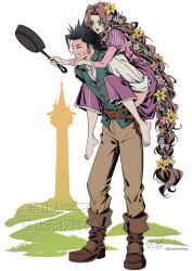 1boy 1girl aerith_gainsborough barefoot black_hair blue_flower blue_vest boots braid brown_boots brown_hair brown_pants carrying closed_eyes cosplay couple crisis_core_final_fantasy_vii cross_scar disney dress facial_scar feet final_fantasy final_fantasy_vii flower flynn_rider flynn_rider_(cosplay) frying_pan green_eyes grin hair_flower hair_ornament holding holding_frying_pan huosheanng juliet_sleeves long_hair long_sleeves open_mouth pants parted_bangs piggyback pink_dress pink_flower puffy_sleeves purple_flower rapunzel_(disney) rapunzel_(disney)_(cosplay) scar scar_on_cheek scar_on_face shirt smile spiked_hair standing tangled three_quarter_view toes tower twitter_username very_long_hair vest white_flower white_shirt yellow_flower zack_fair