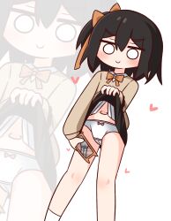 &gt;:) 1girl black_hair black_skirt blush borrowed_character bow bow_panties brown_bow brown_sweater cameltoe cellphone closed_mouth clothes_lift collared_shirt commentary_request feet_out_of_frame hair_between_eyes hana_kazari heart highres holding holding_phone lifting_own_clothes long_sleeves navel o_o one_side_up original panties phone phone_with_ears pleated_skirt puffy_long_sleeves puffy_sleeves school_uniform shirt simple_background skirt skirt_lift smile socks solo standing sweater underwear v-shaped_eyebrows white_background white_panties white_shirt white_socks zoom_layer