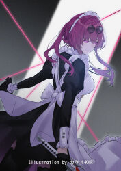 1girl alternate_costume apron artist_name black_dress black_gloves black_thighhighs breasts closed_mouth cowboy_shot dress enmaided eyewear_on_head film_grain from_behind glasses gloves half_gloves highres holding holding_sword holding_weapon honkai:_star_rail honkai_(series) kafka_(honkai:_star_rail) katana large_breasts long_hair long_sleeves looking_at_viewer looking_back maid maid_headdress missing_commentary pince-nez purple_eyes purple_hair round_eyewear smile solo srpzk sunglasses sword thighhighs weapon