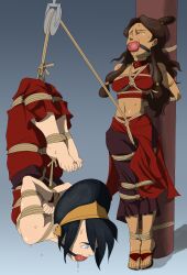 2girls absurdres arms_behind_back artist_request avatar:_the_last_airbender avatar_legends ball_gag bdsm bondage bound crotch_rope crotch_rope_pull gag gagged highres katara multiple_girls pain pole restrained sweat tied_up_(nonsexual) tiptoes toph_beifong upside-down