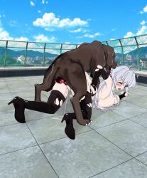 1girl bestiality breasts cum cum_in_pussy dog highres large_breasts long_hair nipples outdoors roof senki_zesshou_symphogear sex white_hair yukine_chris