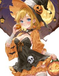 1girl absurdres bandaged_wrist bandages black_dress black_hat blonde_hair blue_eyes blush breasts bucket collarbone commentary_request dress earrings food food-themed_earrings food_themed_earrings fruit grin halloween halloween_bucket hat highres holding holding_bucket holding_pumpkin iwato_(celler) jack-o&#039;-lantern jewelry looking_at_viewer medium_breasts orange_(fruit) orange_scrunchie orange_slice original pumpkin pumpkin_earrings scrunchie short_hair skull smile solo thigh_scrunchie thighhighs witch witch_hat