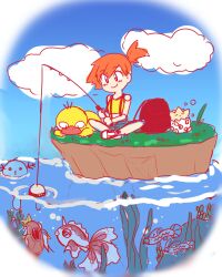 1girl barboach cloud creatures_(company) dreachu fish fishing fishing_rod game_freak gen_1_pokemon gen_2_pokemon gen_3_pokemon goldeen grass highres magikarp misty_(pokemon) nintendo open_mouth orange_hair pokemon pokemon_(anime) pokemon_(classic_anime) pokemon_(creature) ponytail psyduck sitting smile togepi water wooper